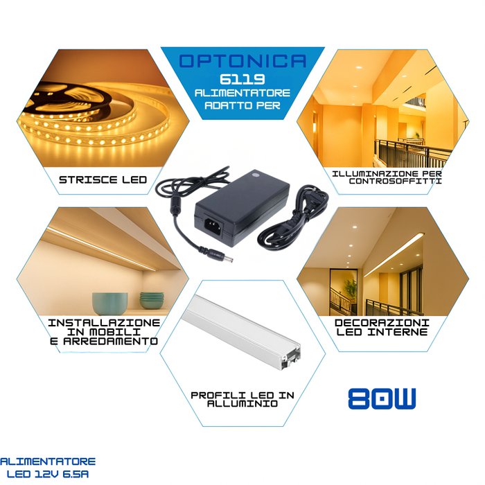 Alimentatore optonica 6119 80w 12v 6.5a ip20 per strisce led alta efficienza