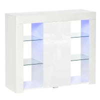 Credenza Moderna a Anta con Luci LED e Mensole in Vetro, Mobile Multiuso in Legno con Finitura Lucida, 97x35x83cm, Bianco