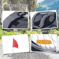 Rimorchio Bici per Cani Taglia Media con Finestre Laterali e Bandierina, 130x73x90 cm, Grigio e Nero