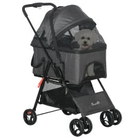 Passeggino per Cani 3 in 1 Convertibile in Borsa e Trasportino con Guinzaglio e Cuscino, Grigio