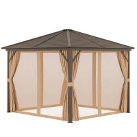 Gazebo da Giardino 3x3m in Alluminio con Zanzariera, Tende Laterali e Tetto Rigido, Marrone