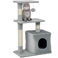 Tiragraffi per Gatti con Casetta, 2 Piattaforme e Pallina, in Legno, Sisal e Peluche, 50x30x81.5 cm, Grigio