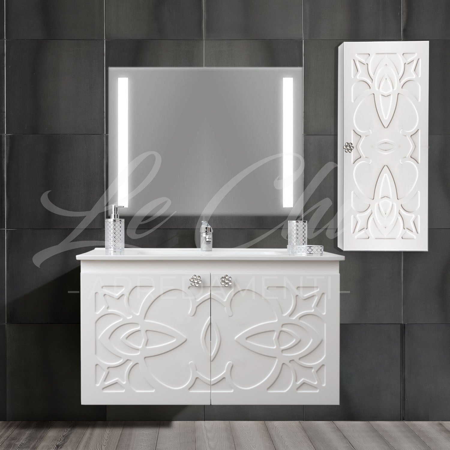 Mobile bagno sospeso completo Luxury con colonna - 90, Specchiera led rettangolare