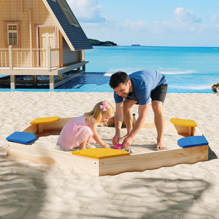 Sabbiera esagonale in legno combo piscina di sabbia e fioriera aperta con 6 sedili comodi-Sabbiera per bambini 3+ anni