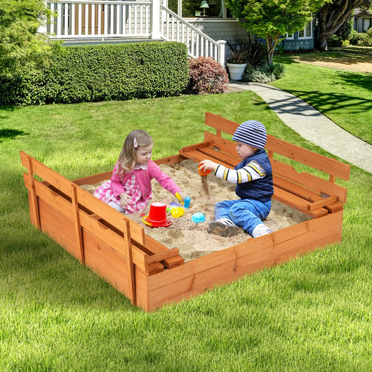 Sabbiera in legno per bambini con panchine pieghevoli e fodera protettiva, Fossa da sabbia con coperchio per giardino -Giocattoli da spiaggia e sabbia