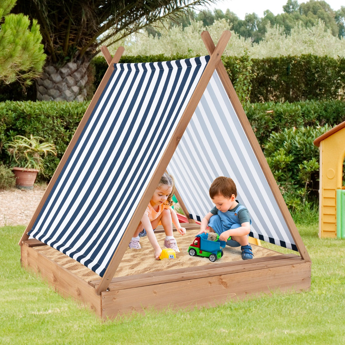 Sabbiera per bambini con copertura, Sabbiera in legno grande con 2 panche per esterni per cortile 124x123cm-Giocattoli da spiaggia e sabbia
