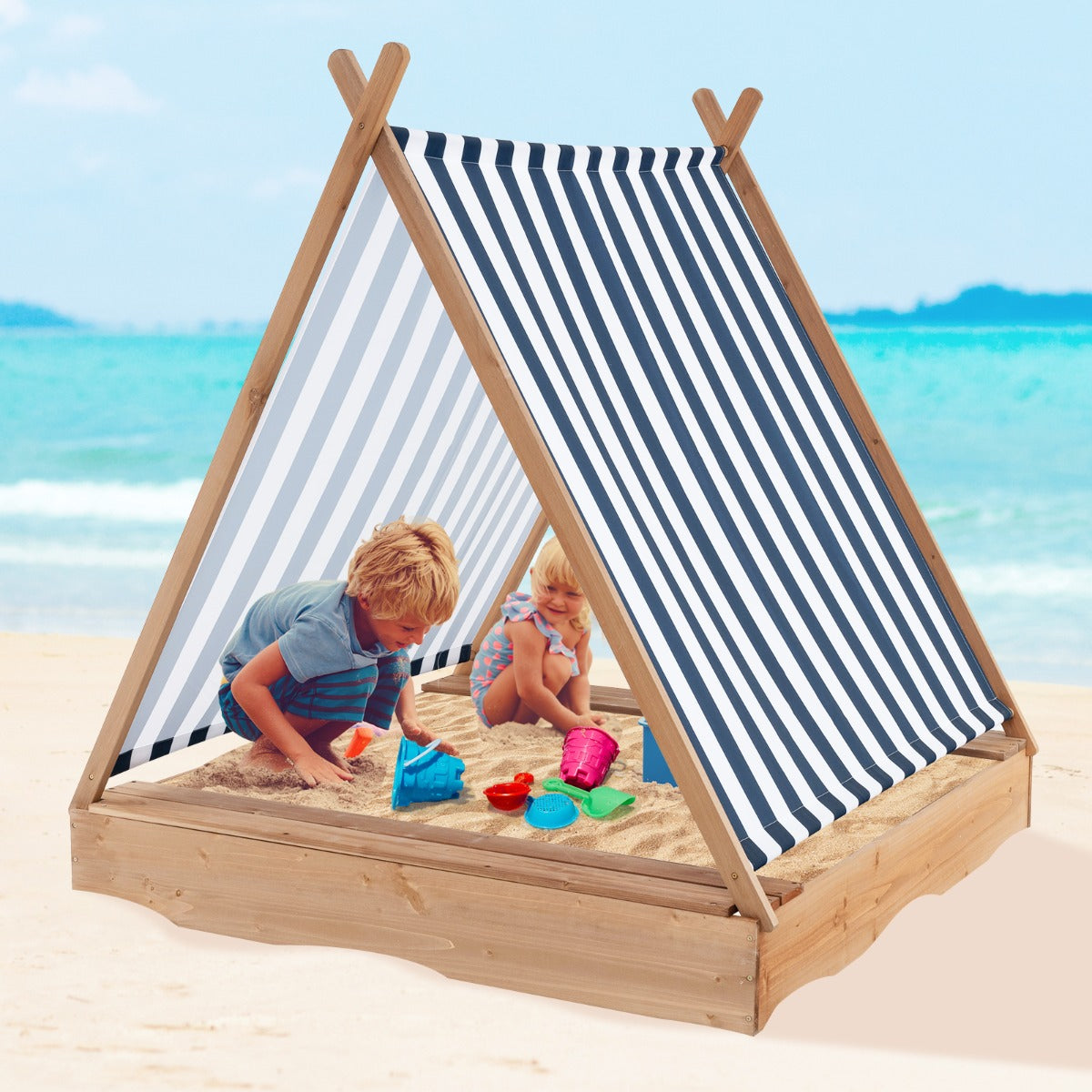 Sabbiera per bambini con copertura, Sabbiera in legno grande con 2 panche per esterni per cortile 124x123cm-Giocattoli da spiaggia e sabbia