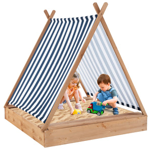 Sabbiera per bambini con copertura, Sabbiera in legno grande con 2 panche per esterni per cortile 124x123cm-Giocattoli da spiaggia e sabbia
