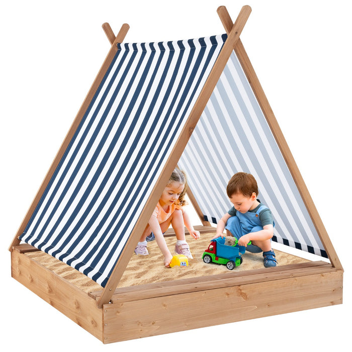 Sabbiera per bambini con copertura, Sabbiera in legno grande con 2 panche per esterni per cortile 124x123cm-Giocattoli da spiaggia e sabbia