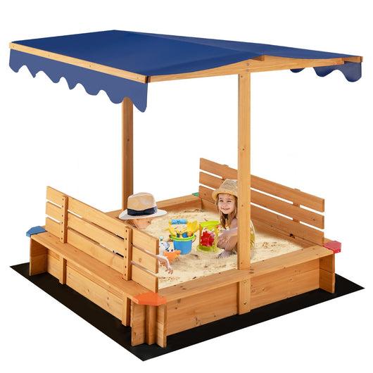 Sabbiera per bambini in legno con tendina, Stazione di gioco senza fondo con 2 panche convertibili e angoli protettivi-Giocattoli da spiaggia e sabbia