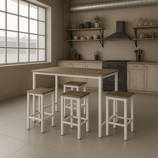 Sabi - Tavolo bar con 4 sgabelli quadrati in stile industrial oak, set angolo breakfast