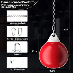 Sacco da boxe ad acqua con tubo di riempimento d'acqua catena in metallo, Sacco per allenamento di jab Rosso-Boxe