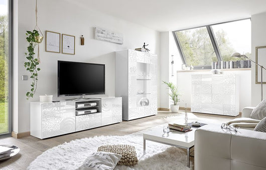 Sala completa di base porta tv, madia e vetrina in bianco laccato lucido serigrafato ZLCMRCOMPBI6
