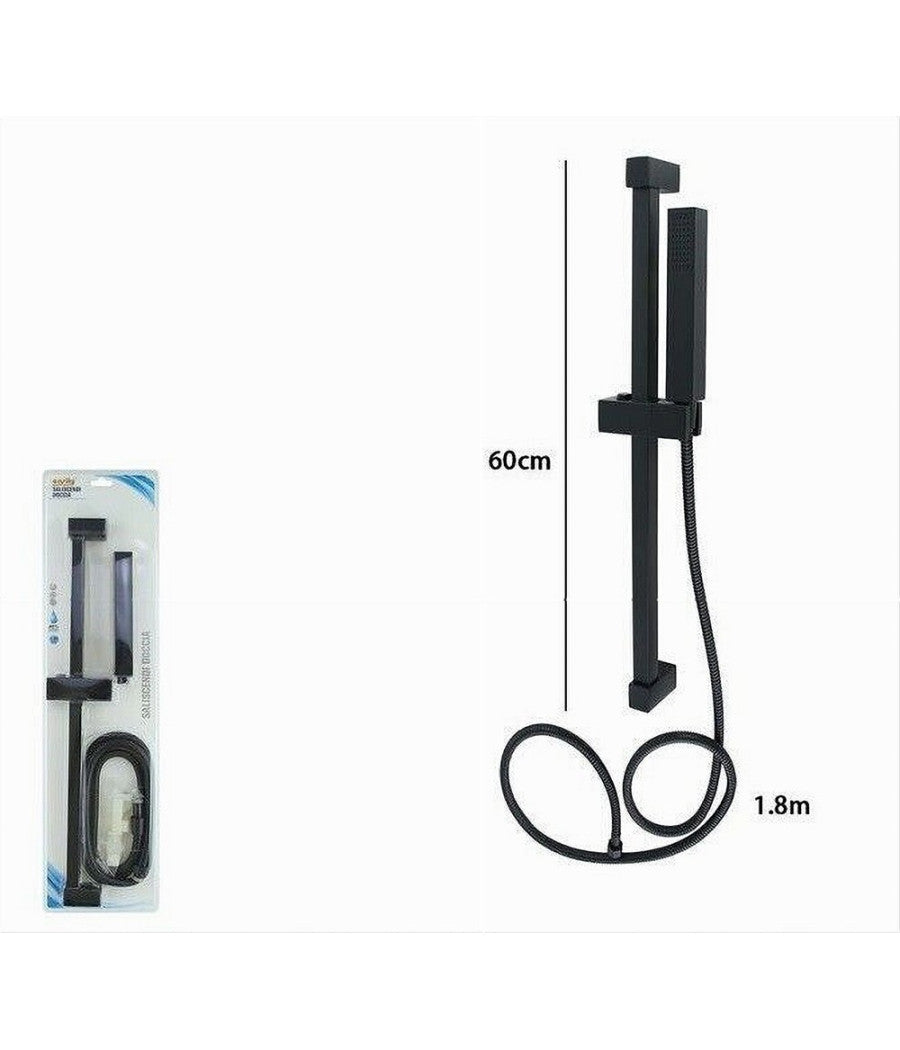 Saliscendi 60cm Doccia Nero Con Doccino Soffione Quadrato Bagno 87495 Tubo 180cm         