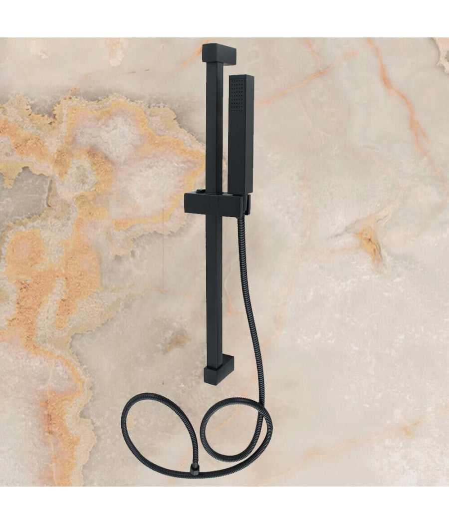 Saliscendi 60cm Doccia Nero Con Doccino Soffione Quadrato Bagno 87495 Tubo 180cm         