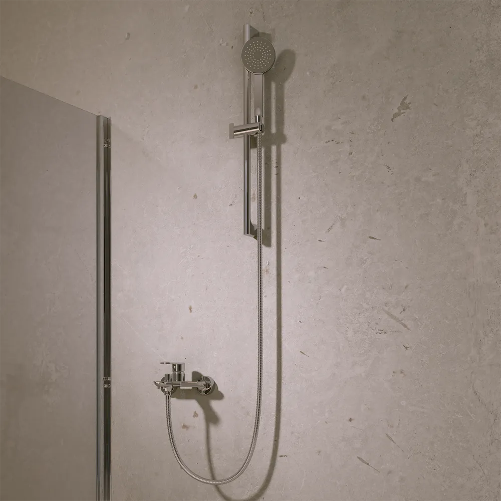 Saliscendi cromato con miscelatore esterno con doccino e flessibile 150cm | Baltea