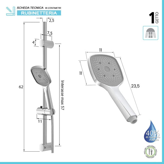 Saliscendi doccia regolabile 60 cm con doccetta quadrata monogetto