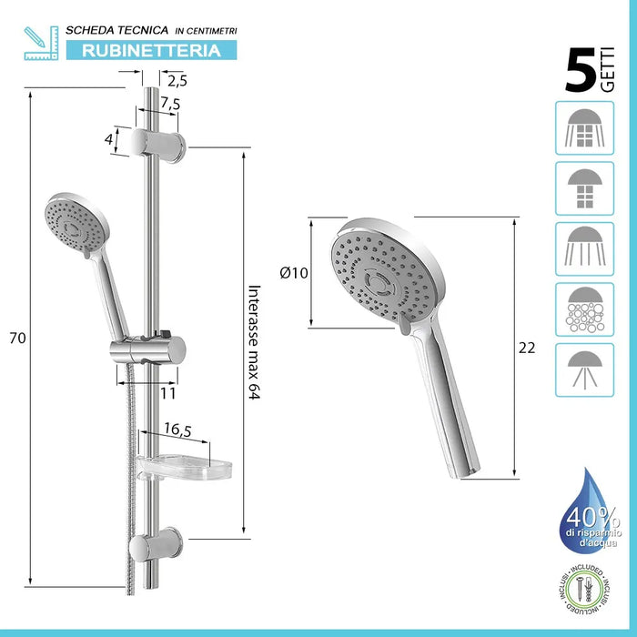 Saliscendi doccia regolabile 70 cm con doccetta a 5 getti e mensola