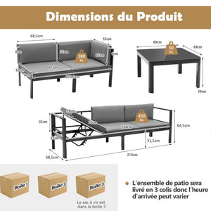 Arredo giardino da esterno con tavolino in vetro temperato divano con cuscini schienale reclinabili a 6 livelli inclusi grigio 20_0009220