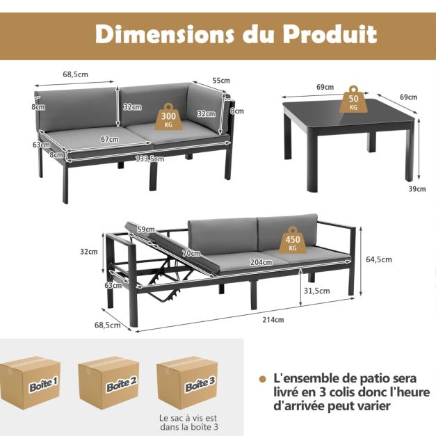 Arredo giardino da esterno con tavolino in vetro temperato divano con cuscini schienale reclinabili a 6 livelli inclusi grigio 20_0009220