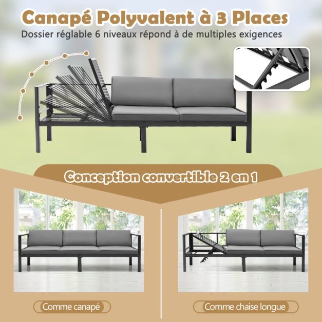 Arredo giardino da esterno con tavolino in vetro temperato divano con cuscini schienale reclinabili a 6 livelli inclusi grigio 20_0009220