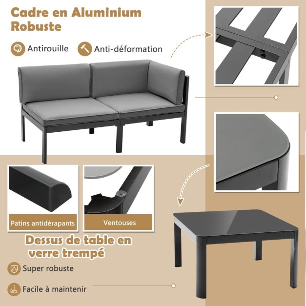 Arredo giardino da esterno con tavolino in vetro temperato divano con cuscini schienale reclinabili a 6 livelli inclusi grigio 20_0009220
