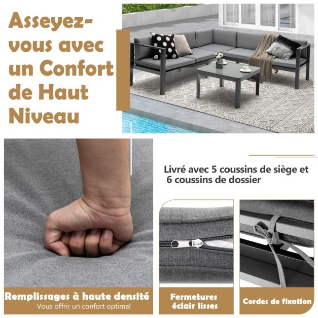 Arredo giardino da esterno con tavolino in vetro temperato divano con cuscini schienale reclinabili a 6 livelli inclusi grigio 20_0009220