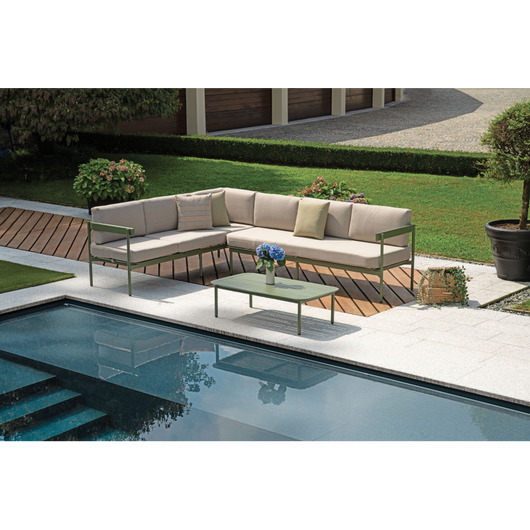 Salotto Angolare Torvaianica In Alluminio Verde- Divano Convertibile In Lettino - Due Pillow Verdi E Uno A Righe Moia