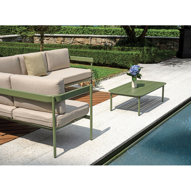 Salotto Angolare Torvaianica In Alluminio Verde- Divano Convertibile In Lettino - Due Pillow Verdi E Uno A Righe Moia