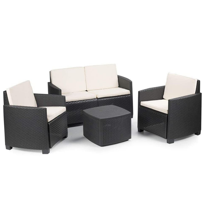 Salotto da giardino 4 Posti, 2 poltrone, 1 divano 1 tavolino in plastica effetto Rattan colore antracite Tomaino Sal 001