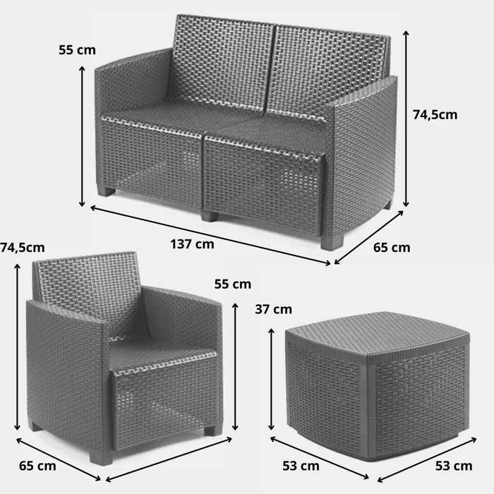 Salotto da giardino 4 Posti, 2 poltrone, 1 divano 1 tavolino in plastica effetto Rattan colore antracite Tomaino Sal 001