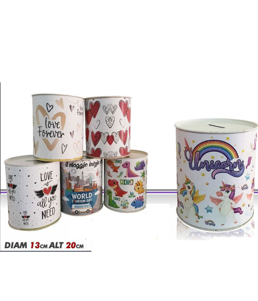 Salvadanaio Latta Misura Grande Monete Banconote Apertura Disegni Misti 13x20 Cm         