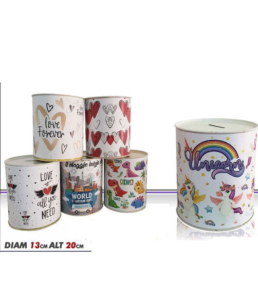 Salvadanaio Latta Misura Grande Monete Banconote Apertura Disegni Misti 13x20 Cm         