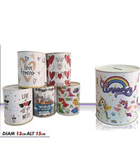 Salvadanaio Latta Misura Medio Monete Banconote Apertura Disegni Misti 15x13 Cm         