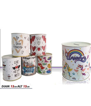 Salvadanaio Latta Misura Medio Monete Banconote Apertura Disegni Misti 15x13 Cm         