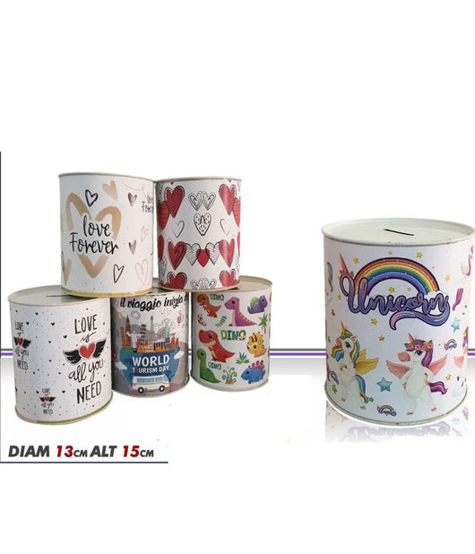 Salvadanaio Latta Misura Medio Monete Banconote Apertura Disegni Misti 15x13 Cm         