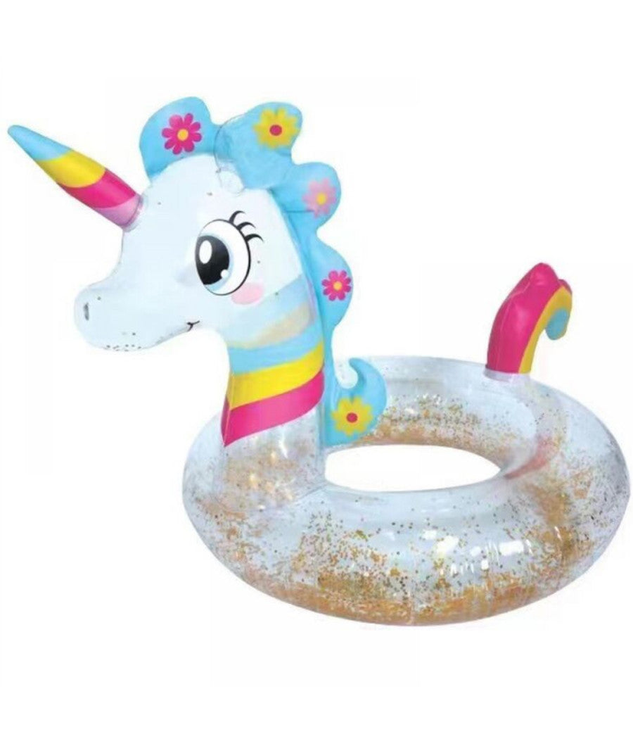 Salvagente Unicorno Bianco Arcobaleno Ciambella Glitterato Mare Diametro 90 Cm         