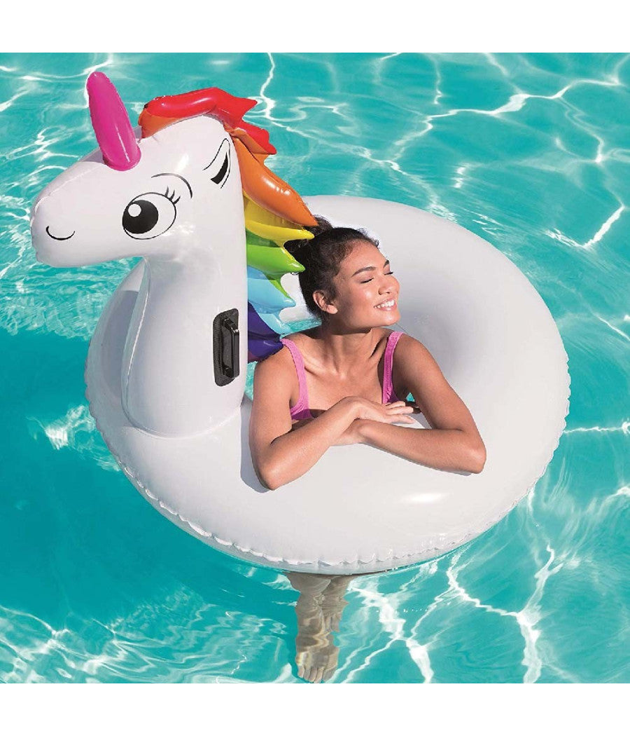 Salvagente Unicorno Cavalcabile Bianco Arcobaleno Ciambella 136 X 131 Cm         
