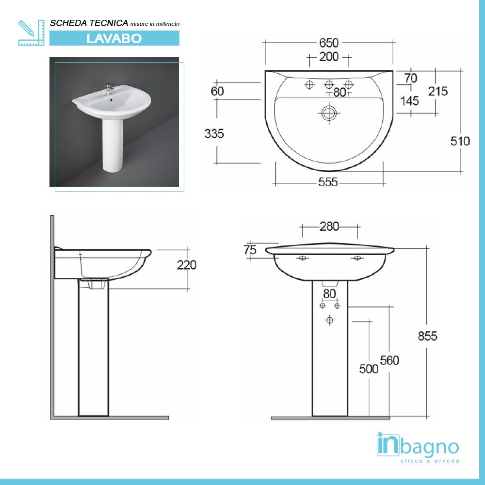 Sanitari bagno in set completo di lavabo con colonna e copriwater