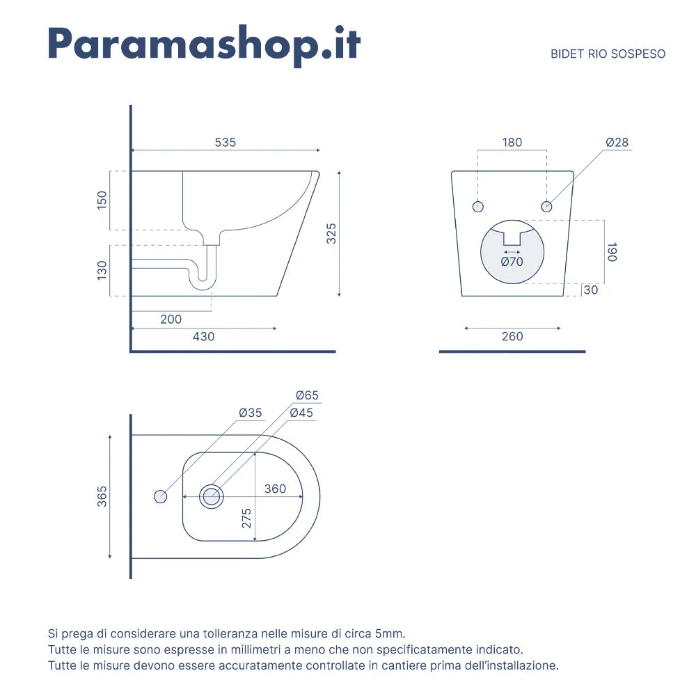 Sanitari sospesi in ceramica bianco lucido vaso rimless sedile soft-close e bidet | Rio