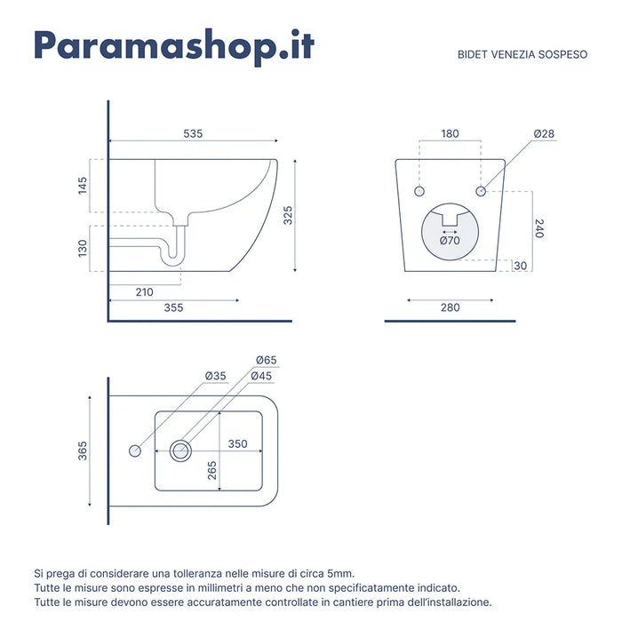 Sanitari sospesi in ceramica bianco lucido vaso rimless sedile soft-close e bidet | Venezia