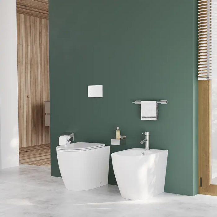 Sanitari filomuro ceramica bianco lucido vaso rimless copriwc soft-close e bidet | Europa Small