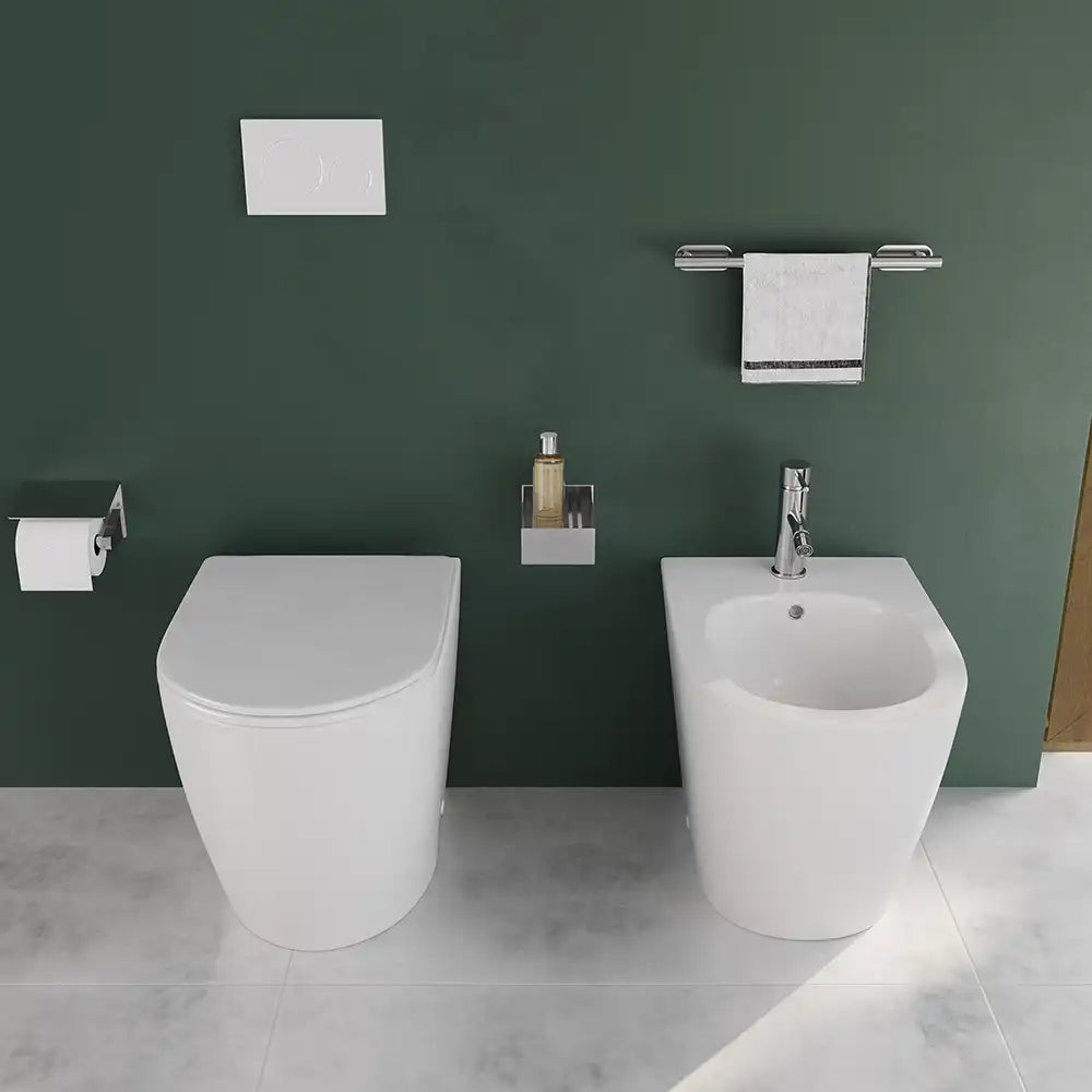 Sanitari filomuro ceramica bianco lucido vaso rimless copriwc soft-close e bidet | Europa Small