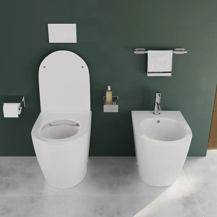 Sanitari filomuro ceramica bianco lucido vaso rimless copriwc soft-close e bidet | Europa Small