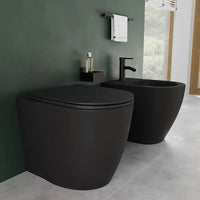 Coppia di sanitari filomuro ceramica nero opaco vaso rimless copriwc soft-close e bidet | Europa Small