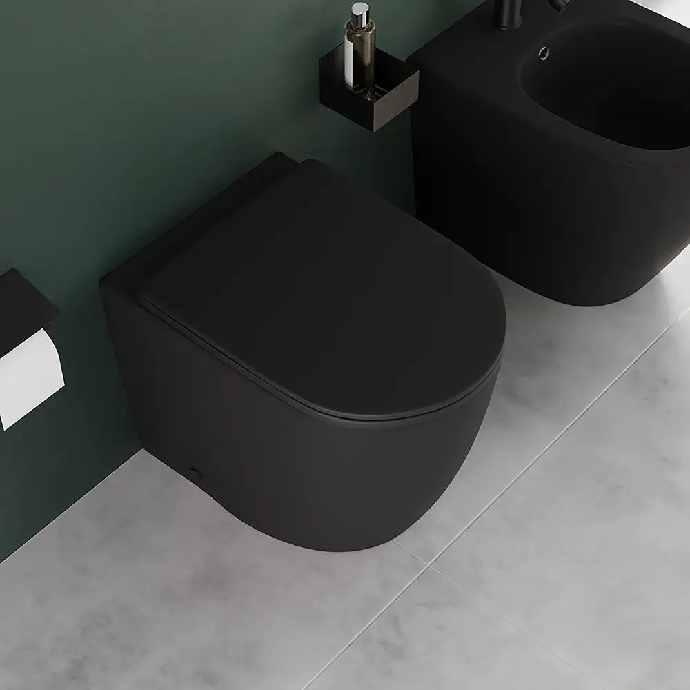 Coppia di sanitari filomuro ceramica nero opaco vaso rimless copriwc soft-close e bidet | Europa Small