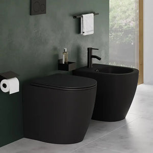 Coppia di sanitari filomuro ceramica nero opaco vaso rimless copriwc soft-close e bidet | Europa Small