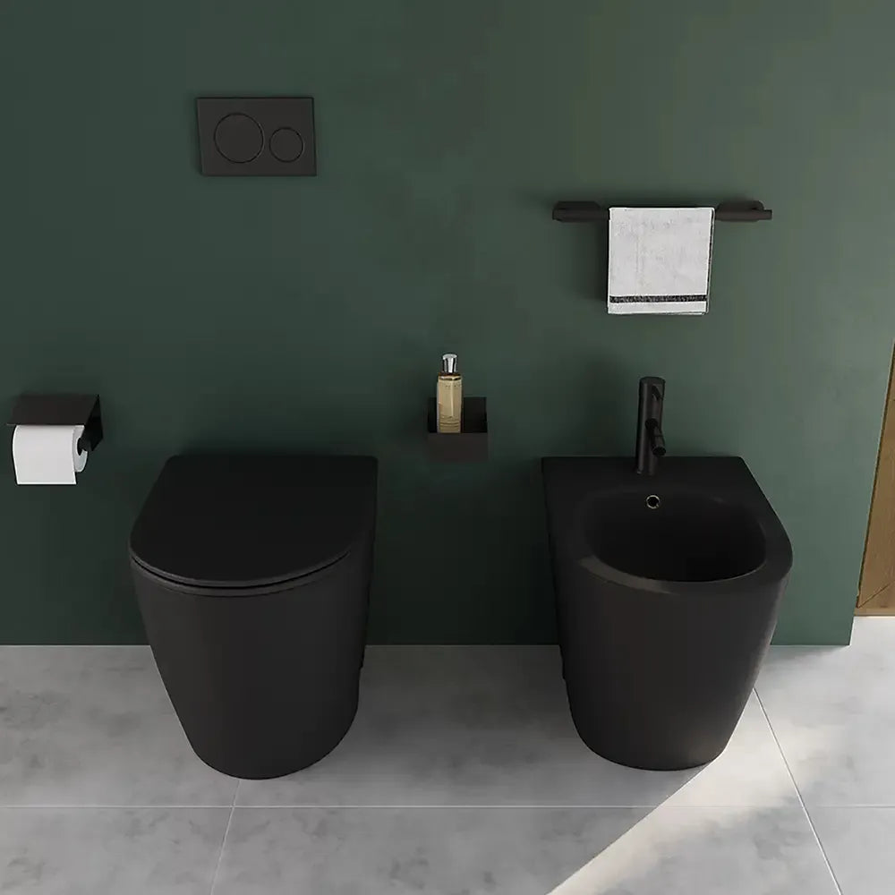 Coppia di sanitari filomuro ceramica nero opaco vaso rimless copriwc soft-close e bidet | Europa Small