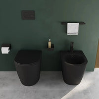 Coppia di sanitari filomuro ceramica nero opaco vaso rimless copriwc soft-close e bidet | Europa Small
