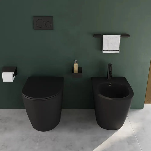 Coppia di sanitari filomuro ceramica nero opaco vaso rimless copriwc soft-close e bidet | Europa Small